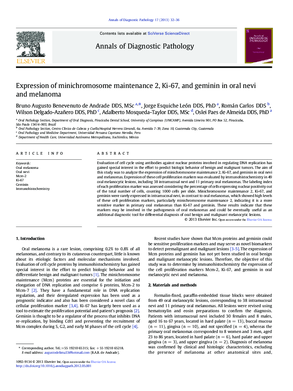 Expression of minichromosome maintenance 2, Ki-67, and geminin in oral nevi and melanoma