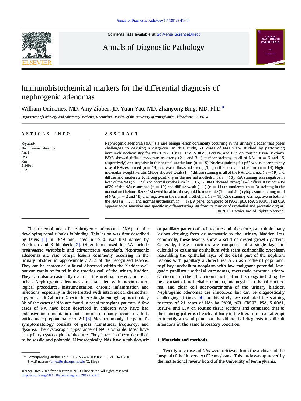 Immunohistochemical markers for the differential diagnosis of nephrogenic adenomas