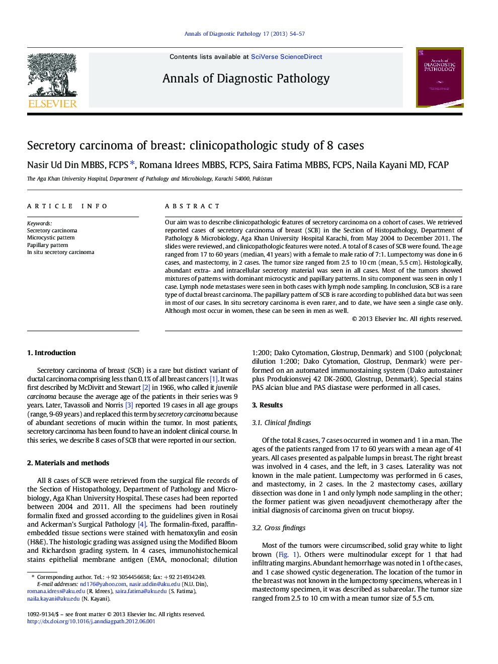 Secretory carcinoma of breast: clinicopathologic study of 8 cases