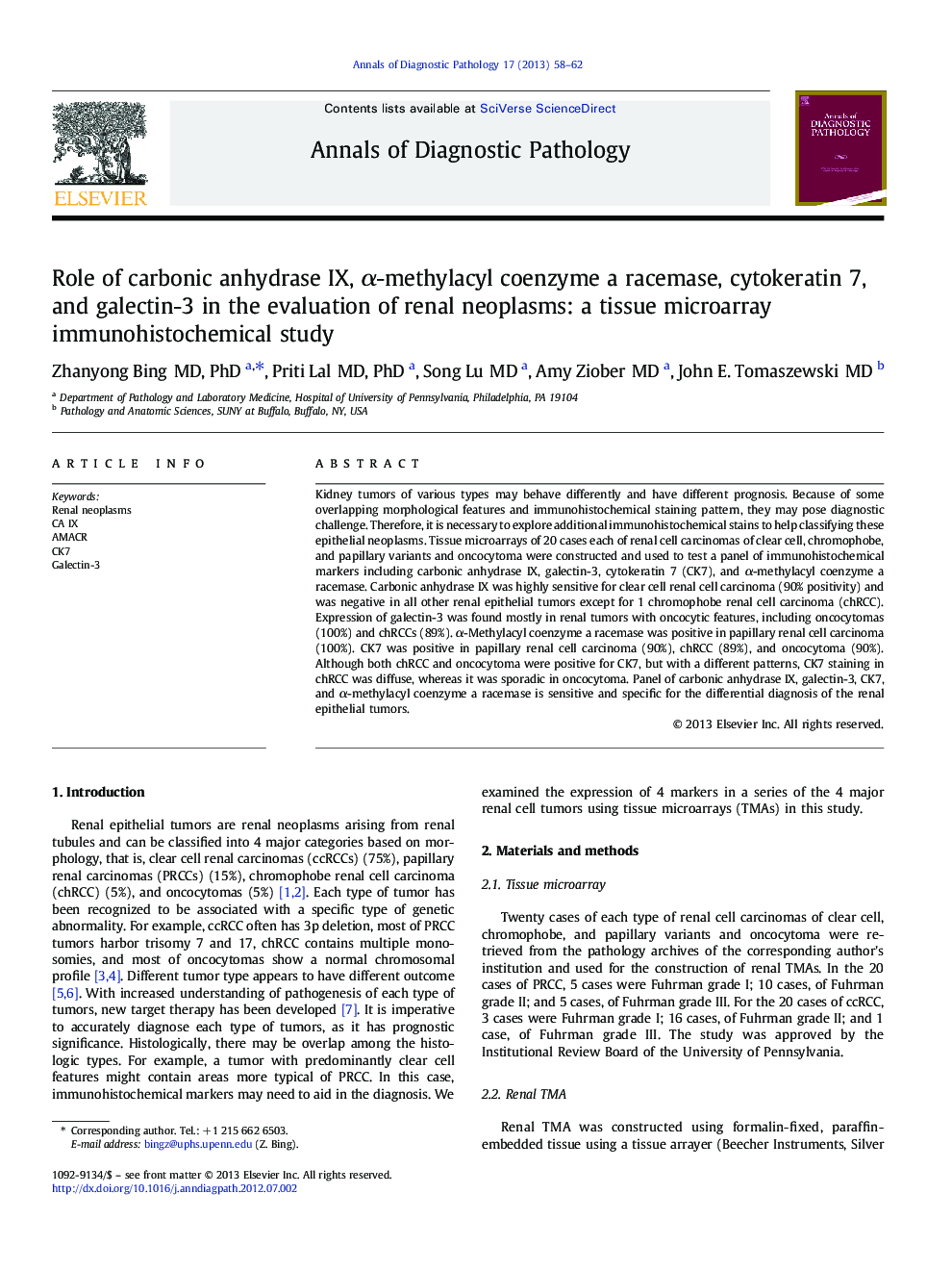 Role of carbonic anhydrase IX, Î±-methylacyl coenzyme a racemase, cytokeratin 7, and galectin-3 in the evaluation of renal neoplasms: a tissue microarray immunohistochemical study