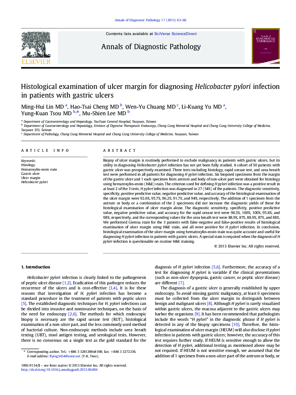 Histological examination of ulcer margin for diagnosing Helicobacter pylori infection in patients with gastric ulcers