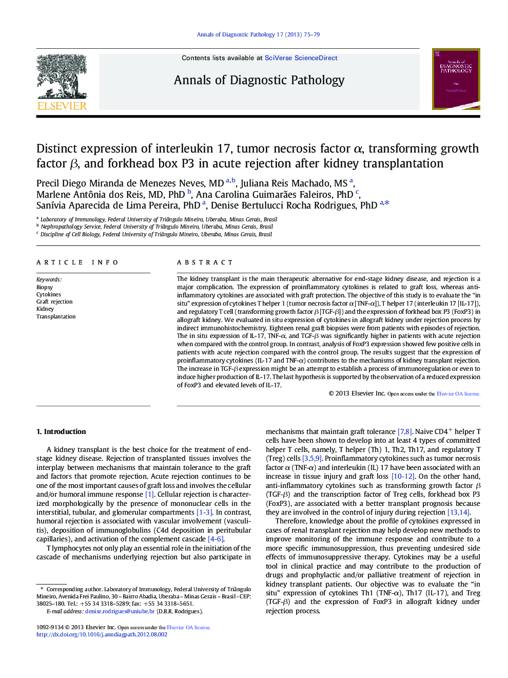 Distinct expression of interleukin 17, tumor necrosis factor Î±, transforming growth factor Î², and forkhead box P3 in acute rejection after kidney transplantation