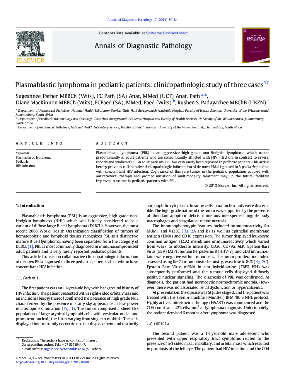 Plasmablastic lymphoma in pediatric patients: clinicopathologic study of three cases