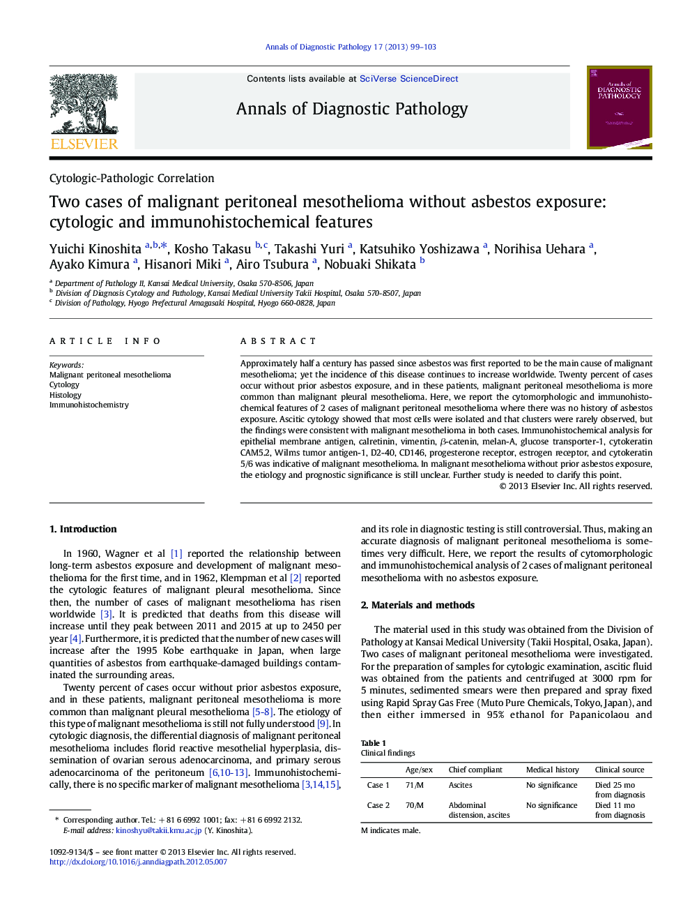 Two cases of malignant peritoneal mesothelioma without asbestos exposure: cytologic and immunohistochemical features