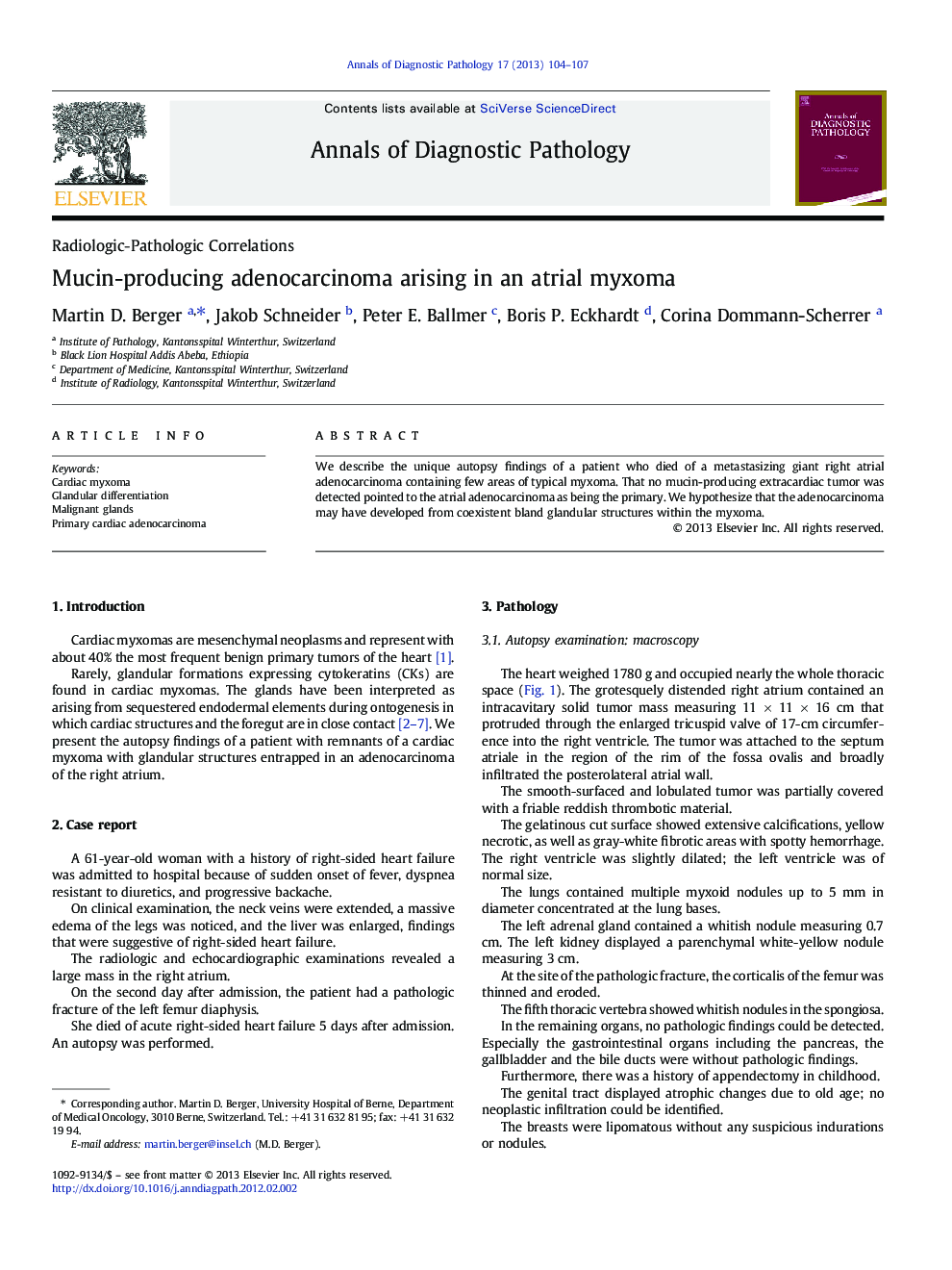 Mucin-producing adenocarcinoma arising in an atrial myxoma