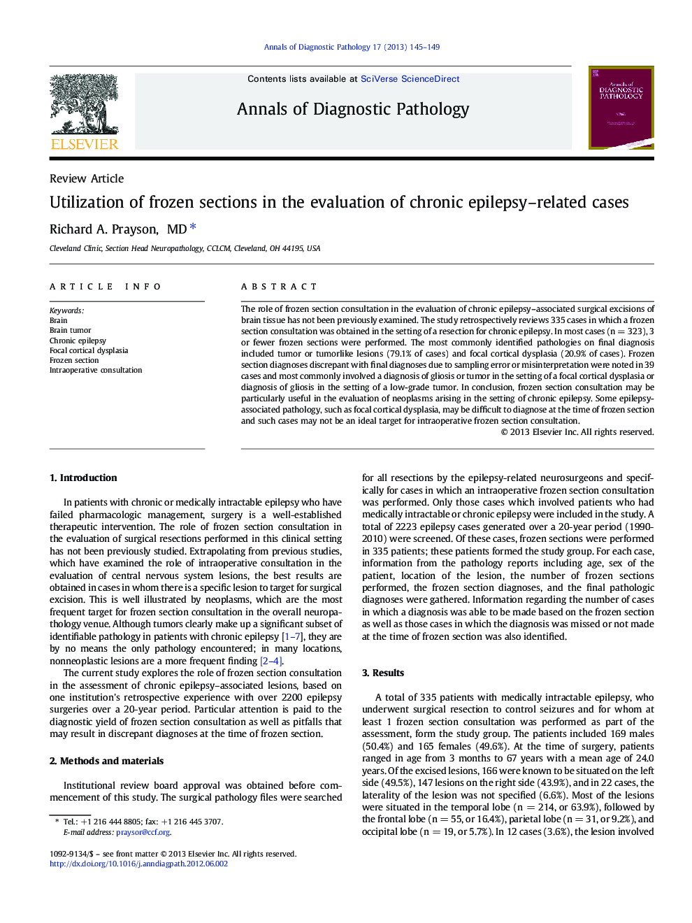 Utilization of frozen sections in the evaluation of chronic epilepsy-related cases