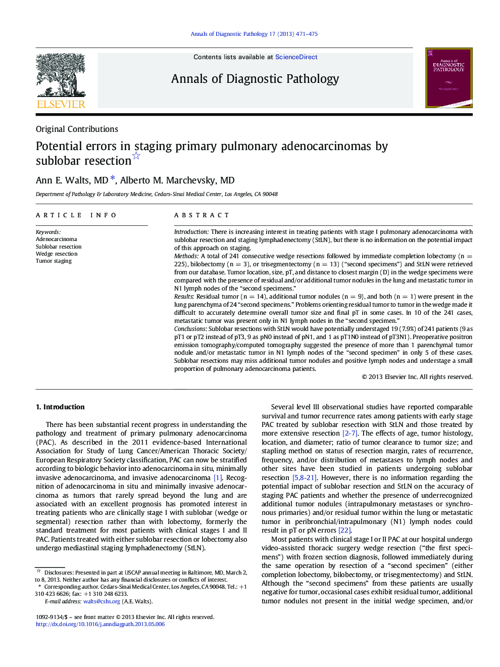 Potential errors in staging primary pulmonary adenocarcinomas by sublobar resection