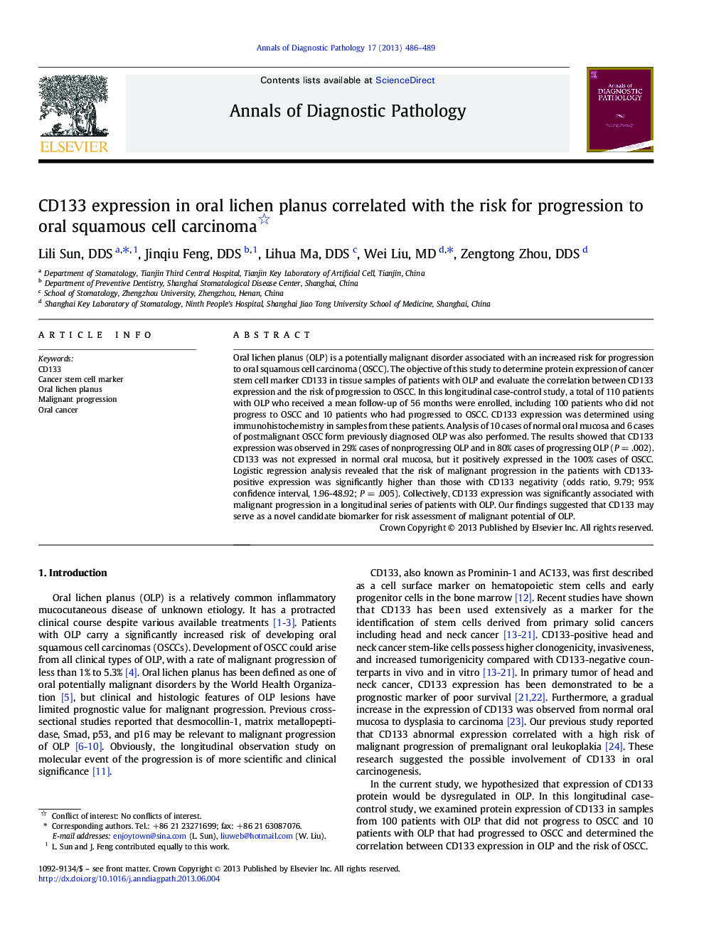 CD133 expression in oral lichen planus correlated with the risk for progression to oral squamous cell carcinoma