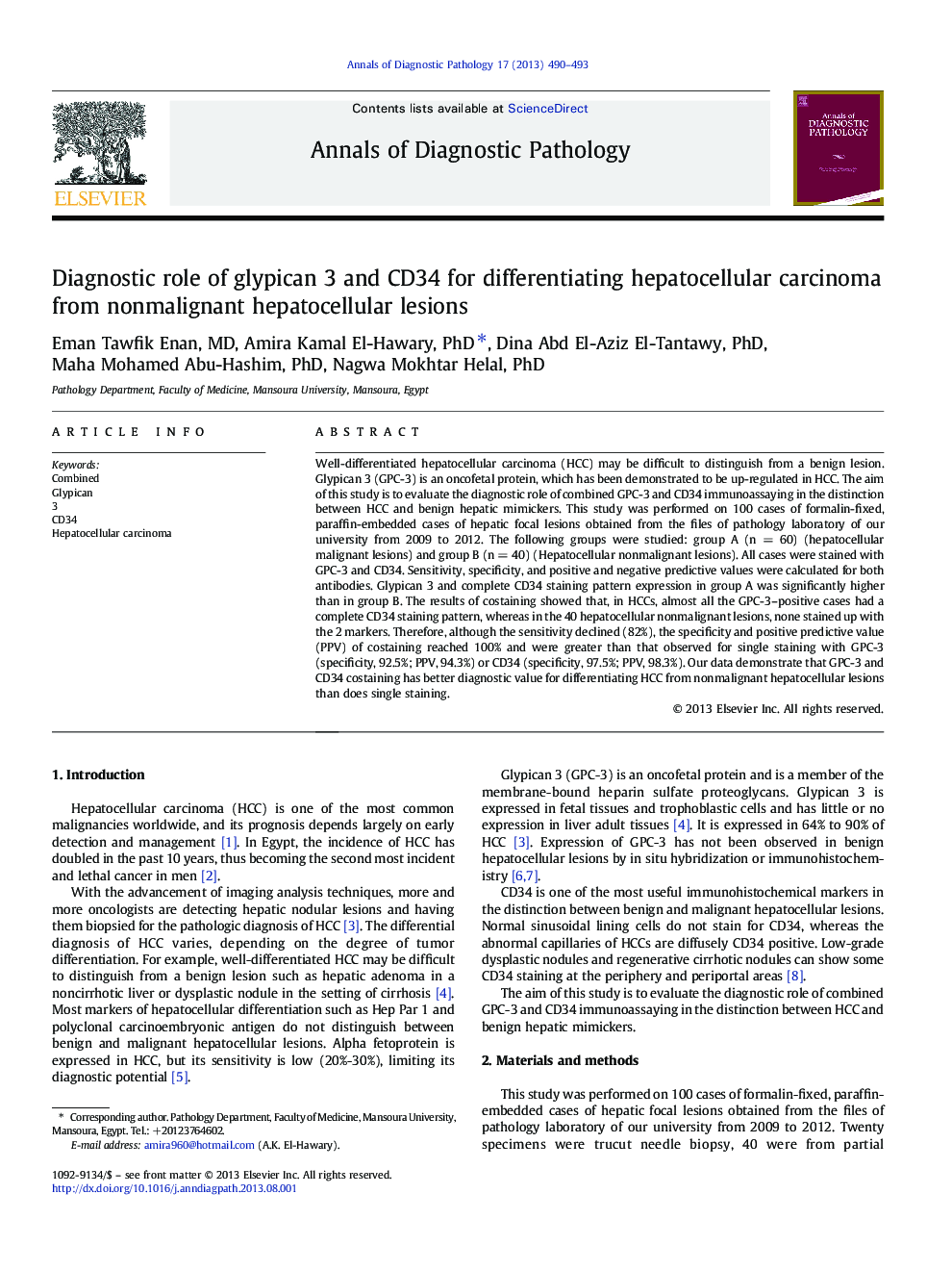 Diagnostic role of glypican 3 and CD34 for differentiating hepatocellular carcinoma from nonmalignant hepatocellular lesions