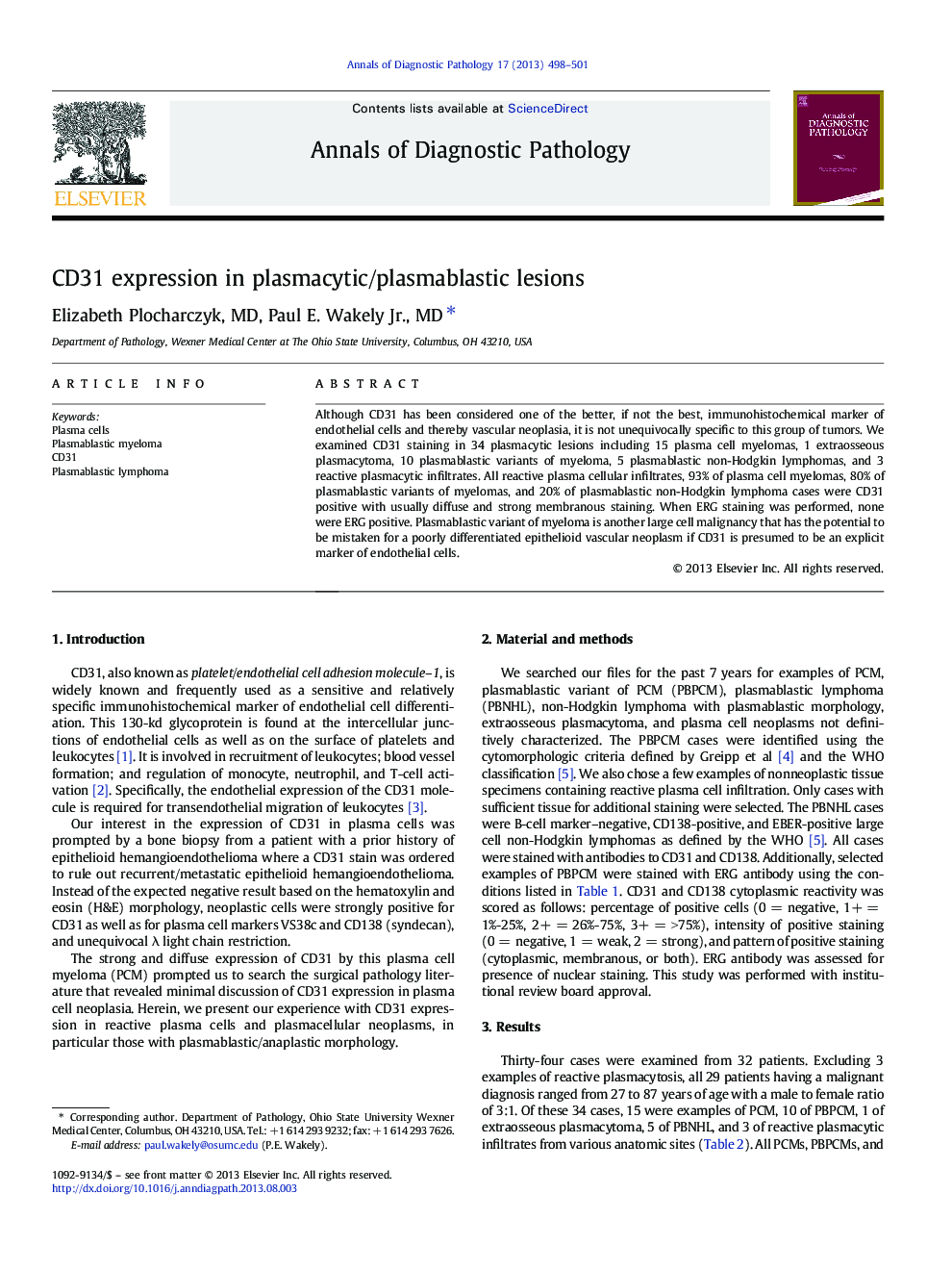 CD31 expression in plasmacytic/plasmablastic lesions