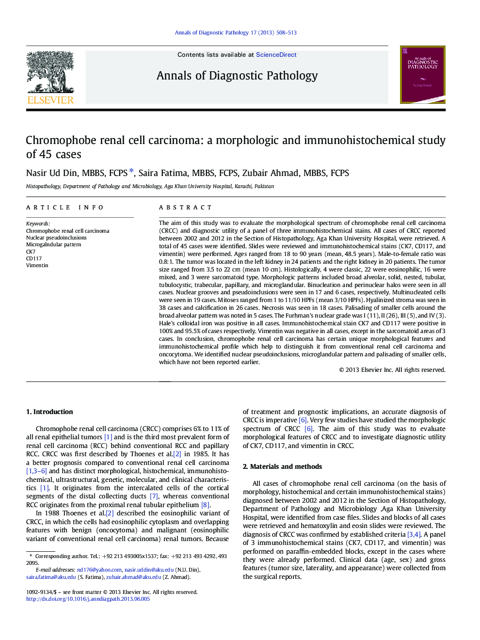 Chromophobe renal cell carcinoma: a morphologic and immunohistochemical study of 45 cases