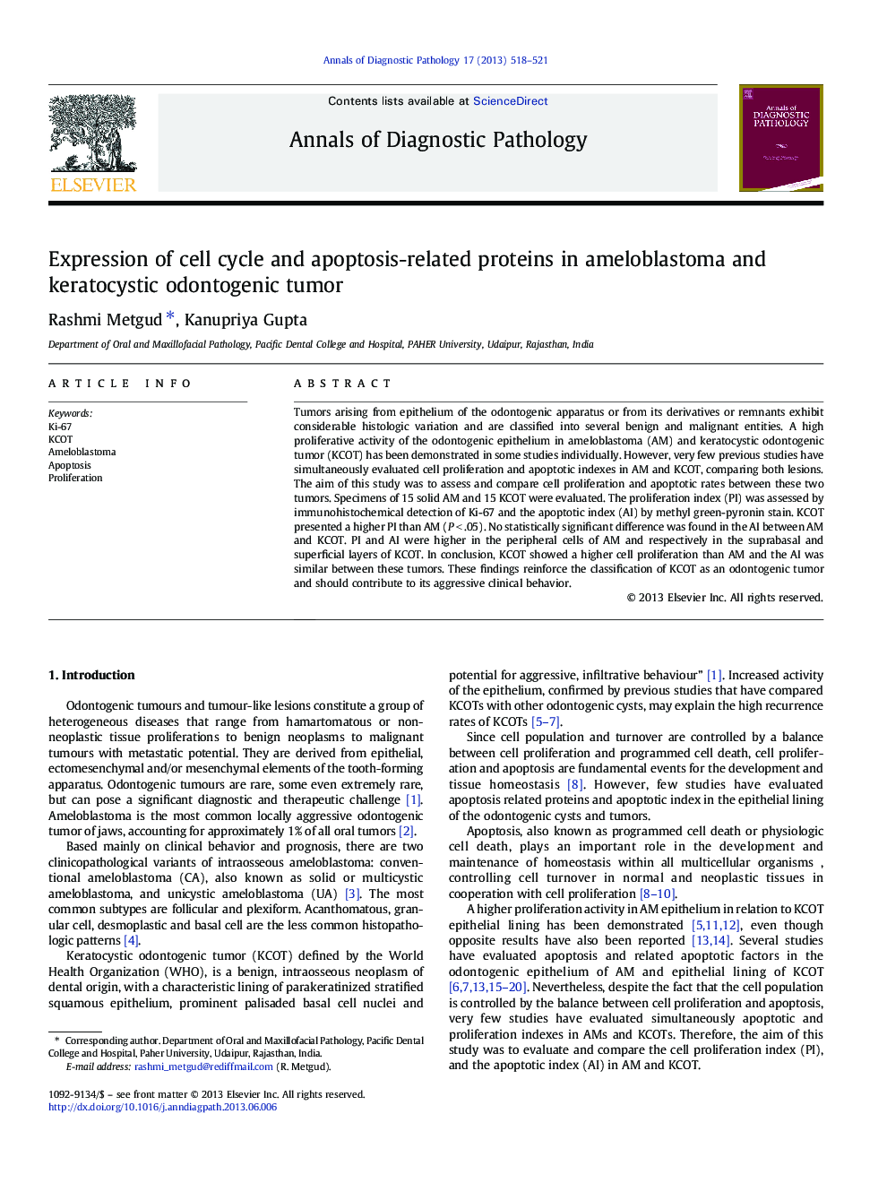 Expression of cell cycle and apoptosis-related proteins in ameloblastoma and keratocystic odontogenic tumor