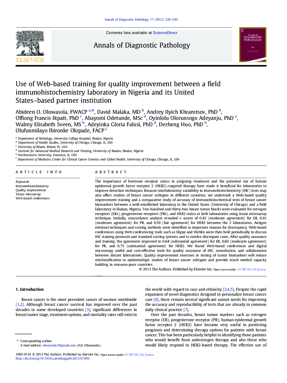 Use of Web-based training for quality improvement between a field immunohistochemistry laboratory in Nigeria and its United States-based partner institution