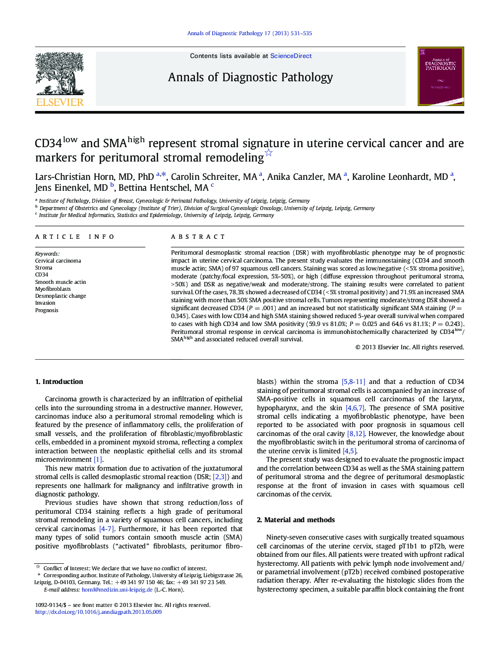 CD34low and SMAhigh represent stromal signature in uterine cervical cancer and are markers for peritumoral stromal remodeling