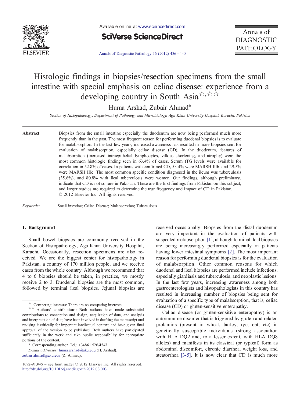 Histologic findings in biopsies/resection specimens from the small intestine with special emphasis on celiac disease: experience from a developing country in South Asia