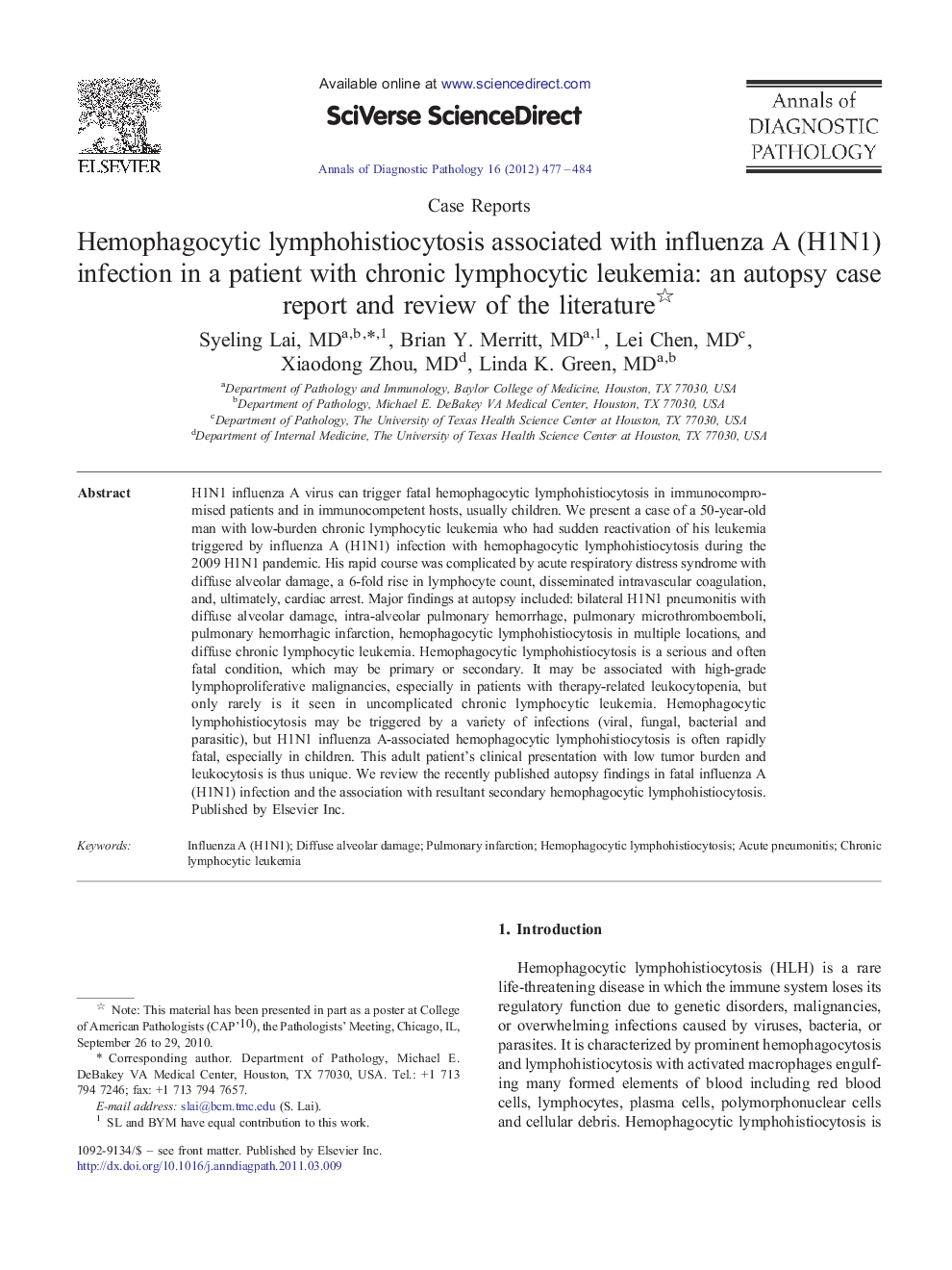 Hemophagocytic lymphohistiocytosis associated with influenza A (H1N1) infection in a patient with chronic lymphocytic leukemia: an autopsy case report and review of the literature