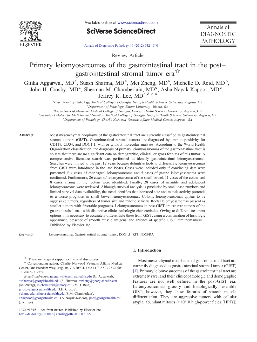 Primary leiomyosarcomas of the gastrointestinal tract in the post-gastrointestinal stromal tumor era