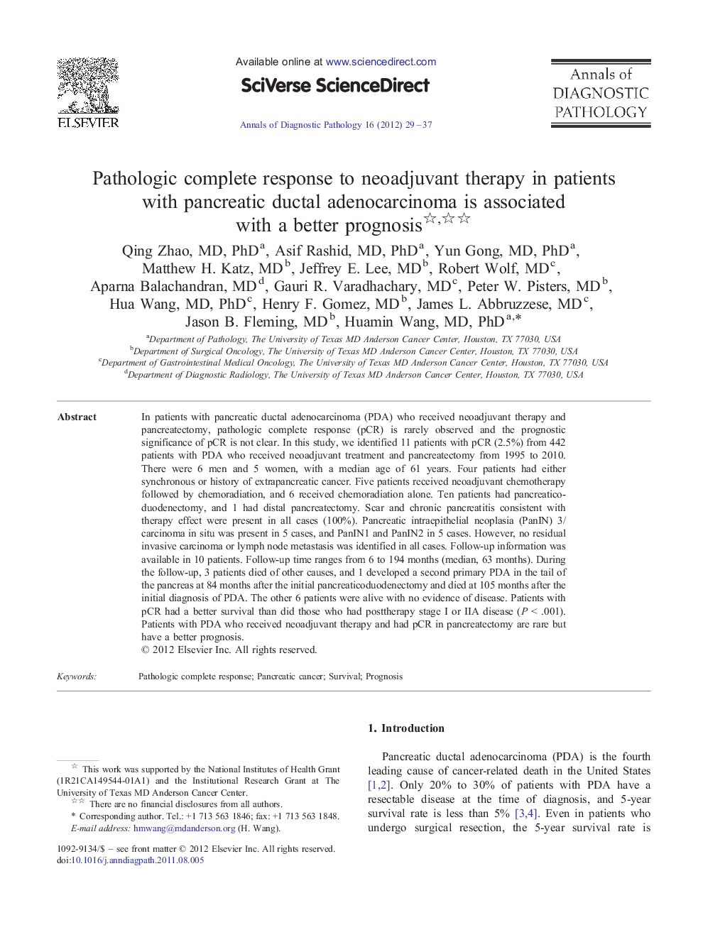 Pathologic complete response to neoadjuvant therapy in patients with pancreatic ductal adenocarcinoma is associated with a better prognosis