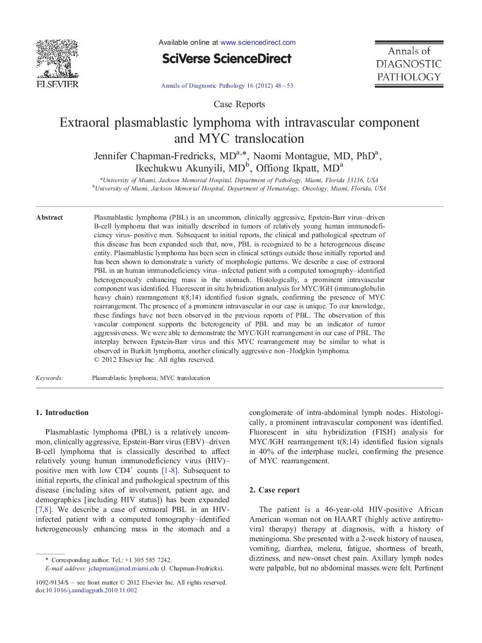 Extraoral plasmablastic lymphoma with intravascular component and MYC translocation