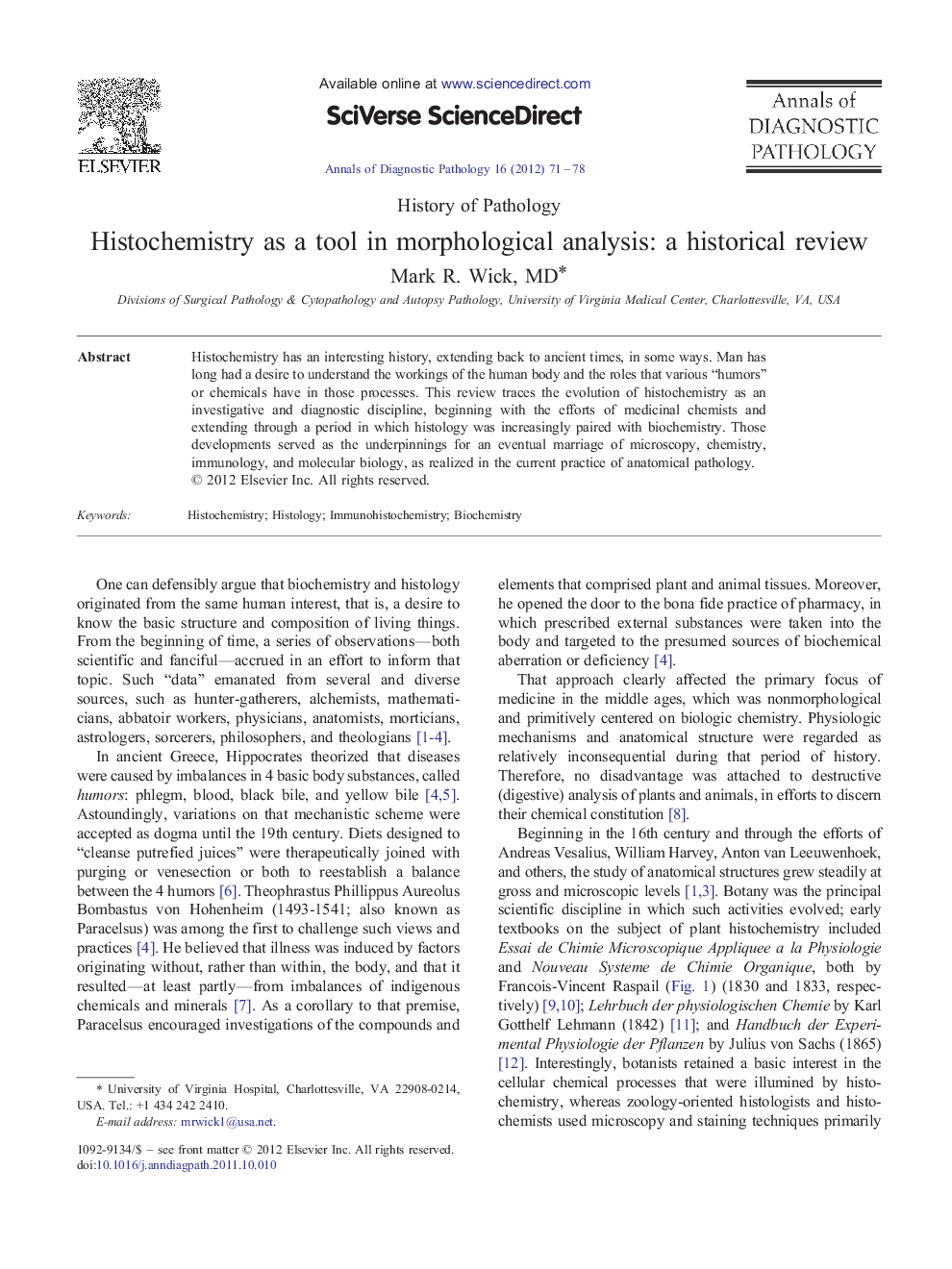 Histochemistry as a tool in morphological analysis: a historical review