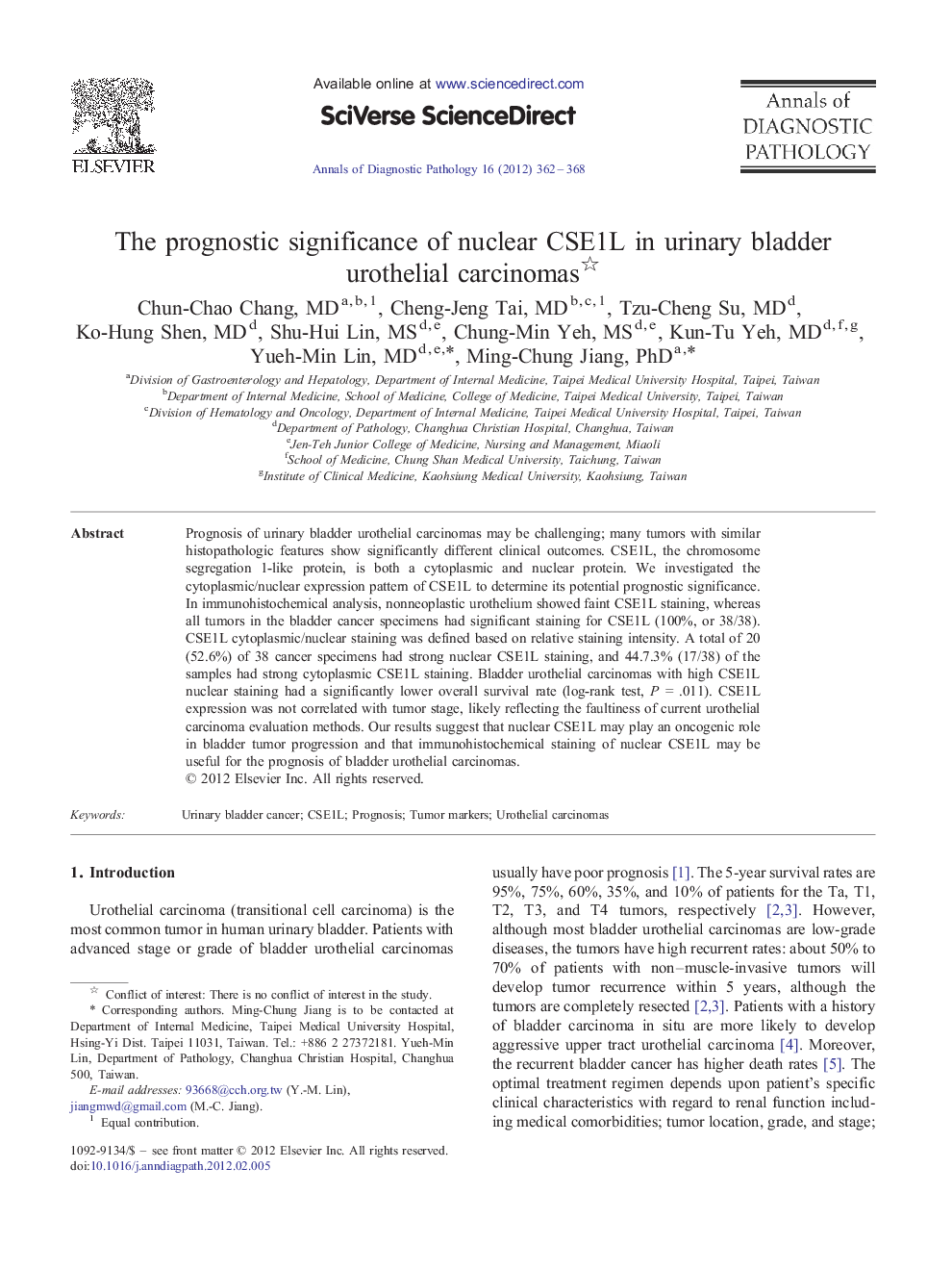 The prognostic significance of nuclear CSE1L in urinary bladder urothelial carcinomas