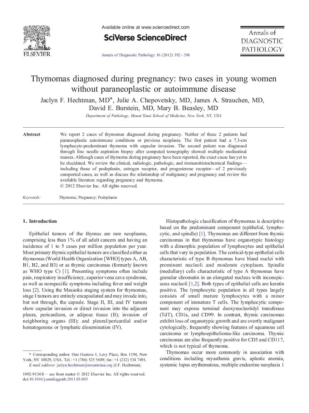 Thymomas diagnosed during pregnancy: two cases in young women without paraneoplastic or autoimmune disease