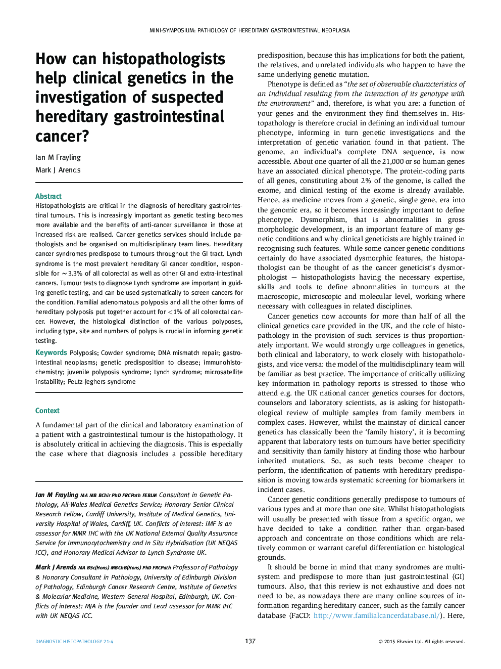 How can histopathologists help clinical genetics in the investigation of suspected hereditary gastrointestinal cancer?