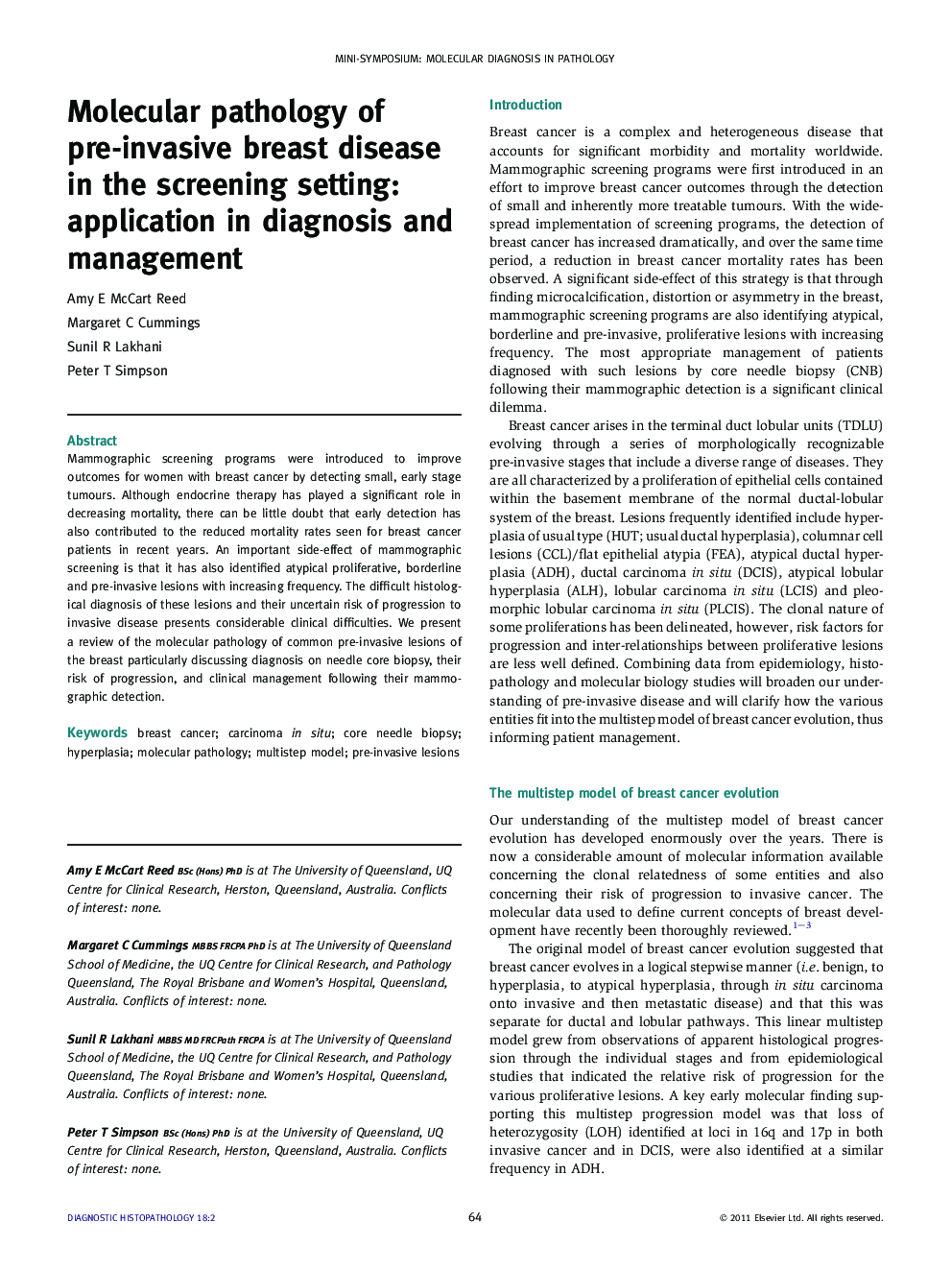 Molecular pathology of pre-invasive breast disease in the screening setting: application in diagnosis and management