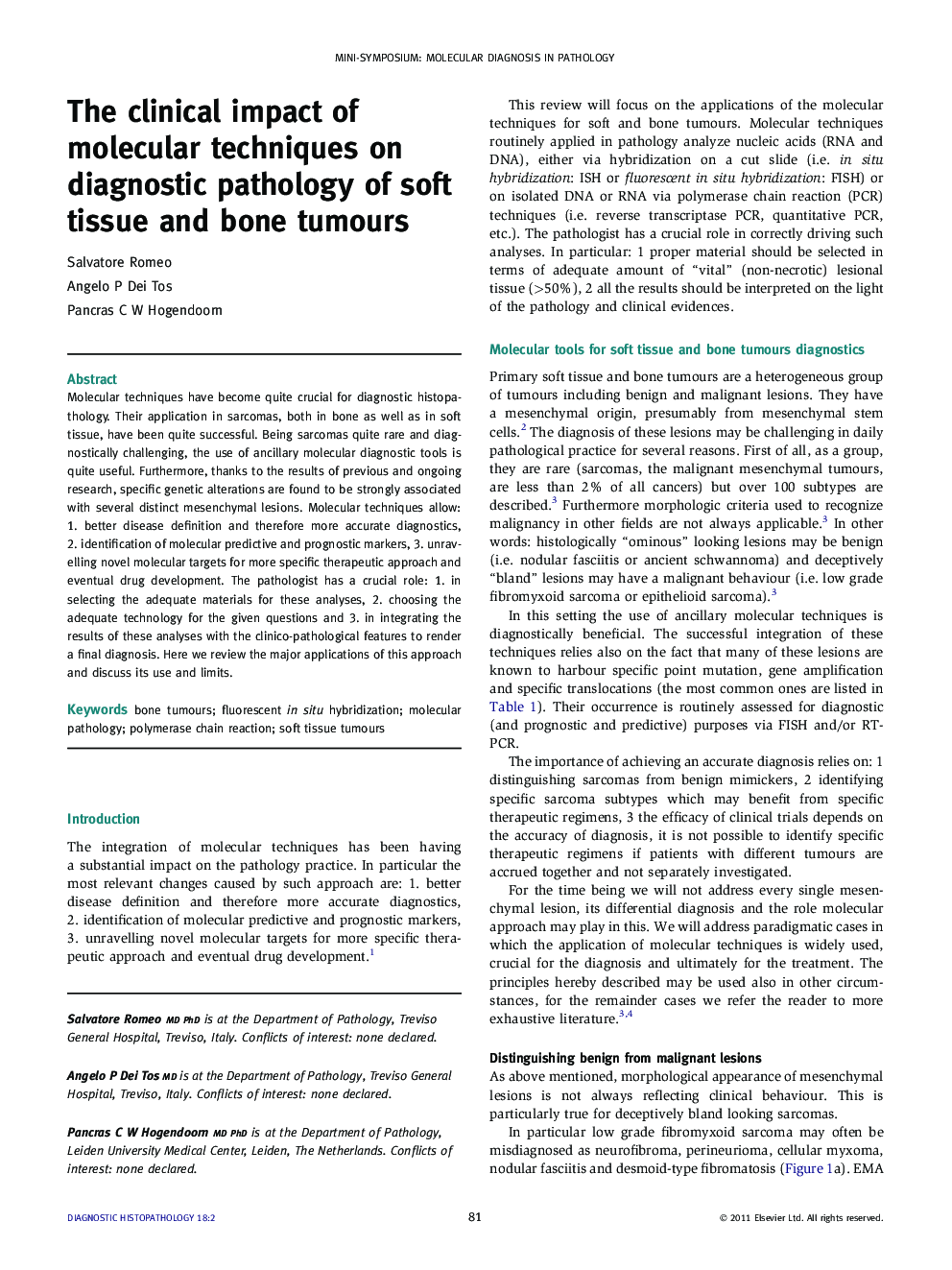 The clinical impact of molecular techniques on diagnostic pathology of soft tissue and bone tumours