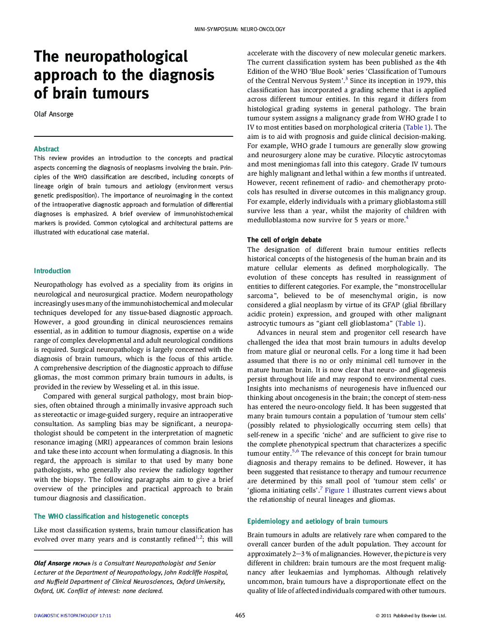 The neuropathological approach to the diagnosis of brain tumours