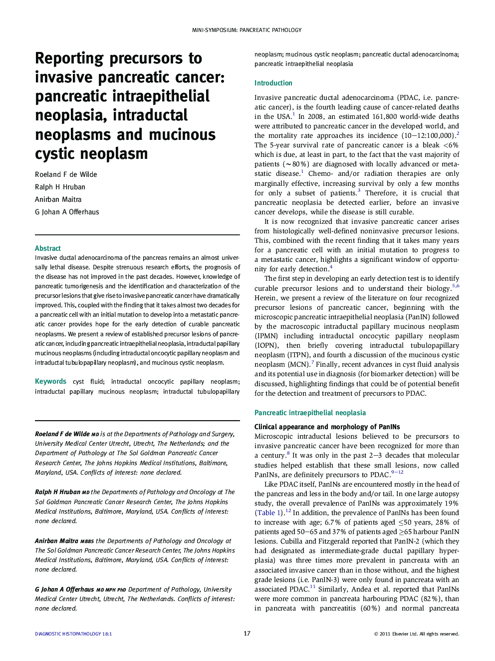 Reporting precursors to invasive pancreatic cancer: pancreatic intraepithelial neoplasia, intraductal neoplasms and mucinous cystic neoplasm