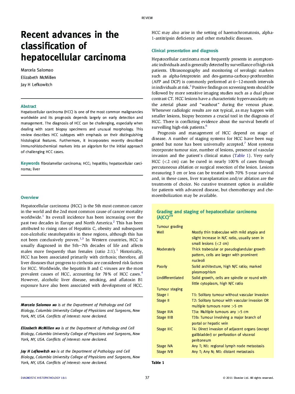 Recent advances in the classification of hepatocellular carcinoma