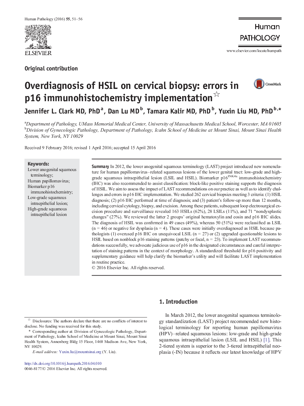 Overdiagnosis of HSIL on cervical biopsy: errors in p16 immunohistochemistry implementation