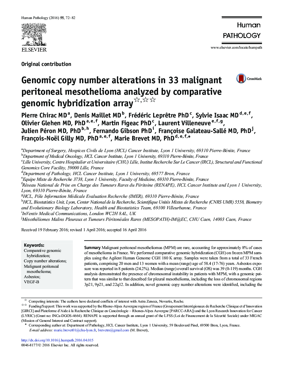 Genomic copy number alterations in 33 malignant peritoneal mesothelioma analyzed by comparative genomic hybridization array