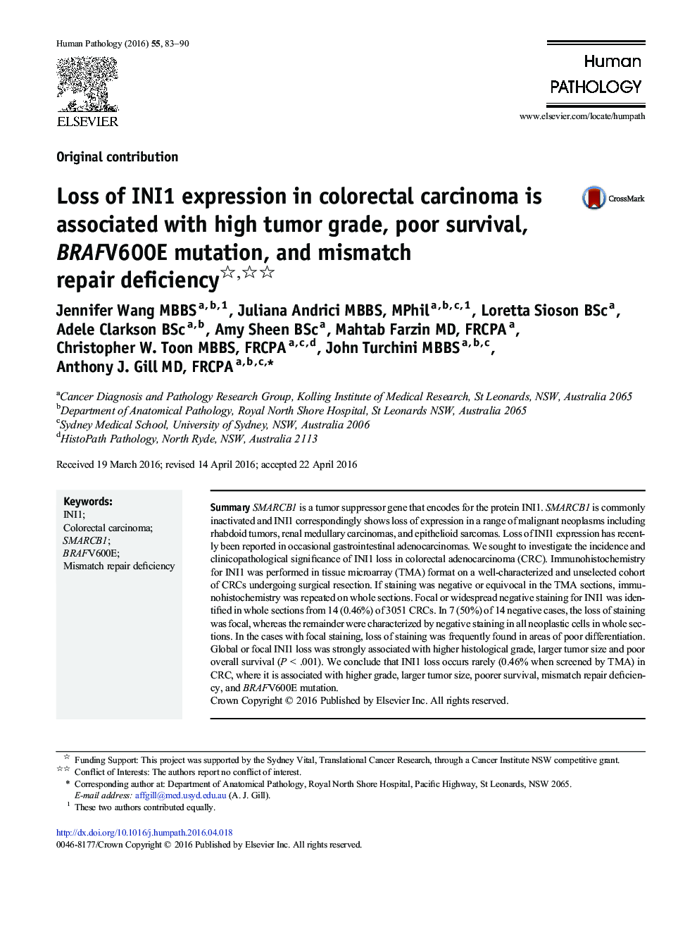 Loss of INI1 expression in colorectal carcinoma is associated with high tumor grade, poor survival, BRAFV600E mutation, and mismatch repair deficiency