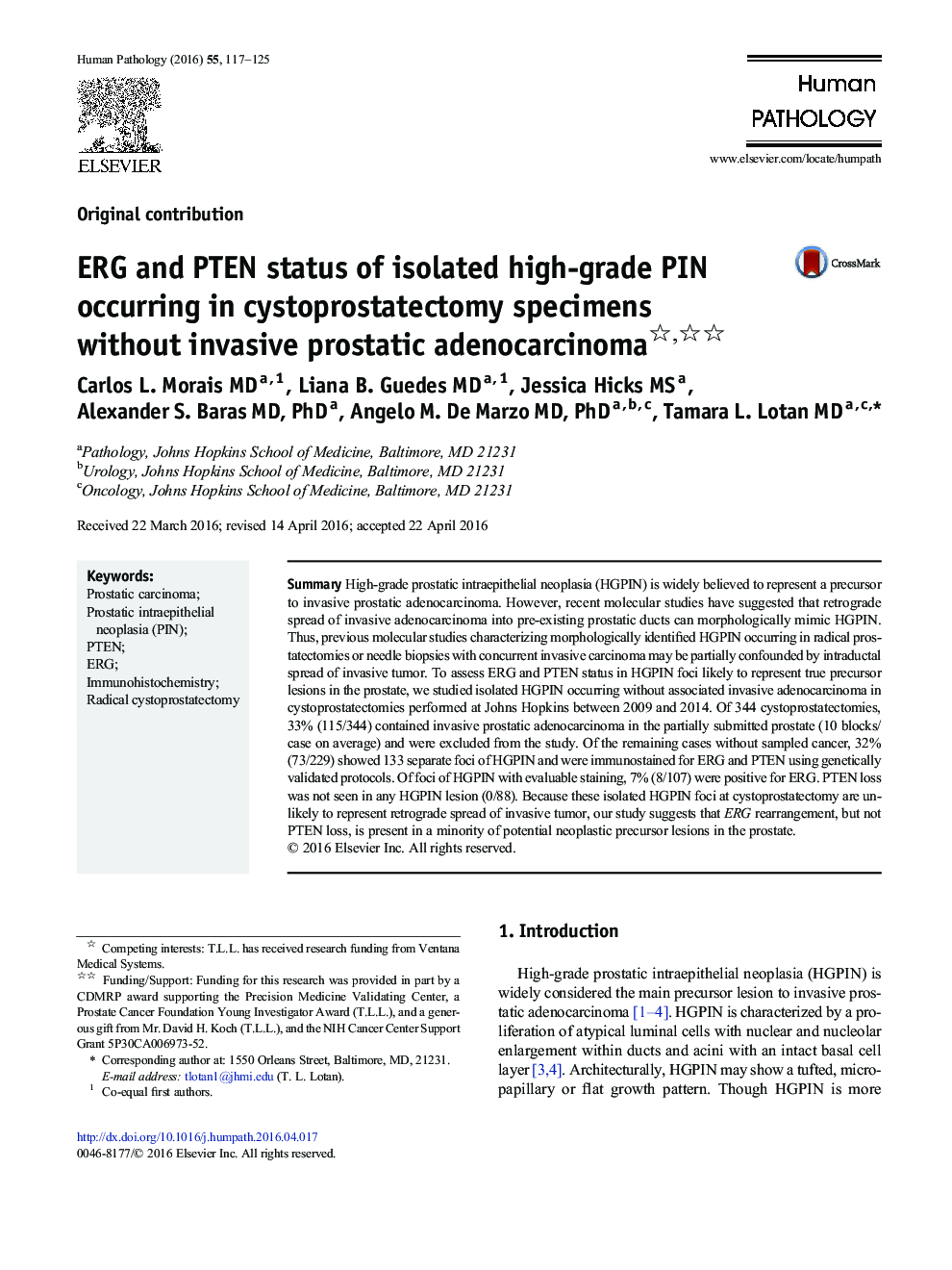 ERG and PTEN status of isolated high-grade PIN occurring in cystoprostatectomy specimens without invasive prostatic adenocarcinoma