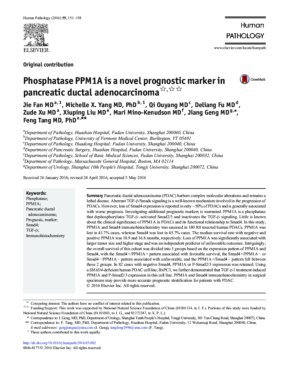 Phosphatase PPM1A is a novel prognostic marker in pancreatic ductal adenocarcinoma