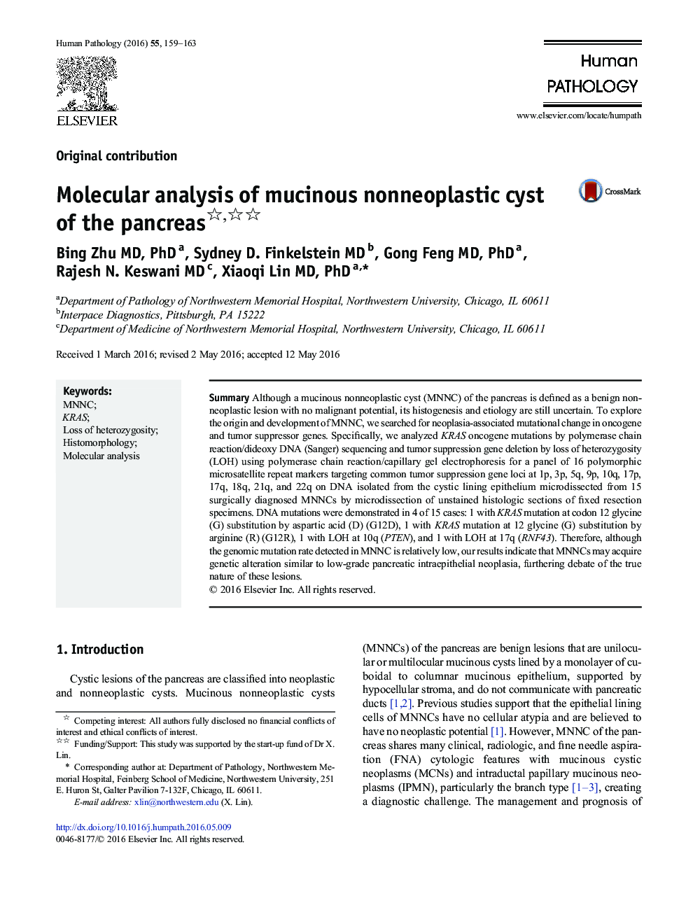 Molecular analysis of mucinous nonneoplastic cyst of the pancreas
