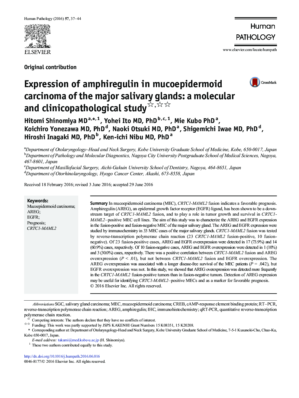 Expression of amphiregulin in mucoepidermoid carcinoma of the major salivary glands: a molecular and clinicopathological study