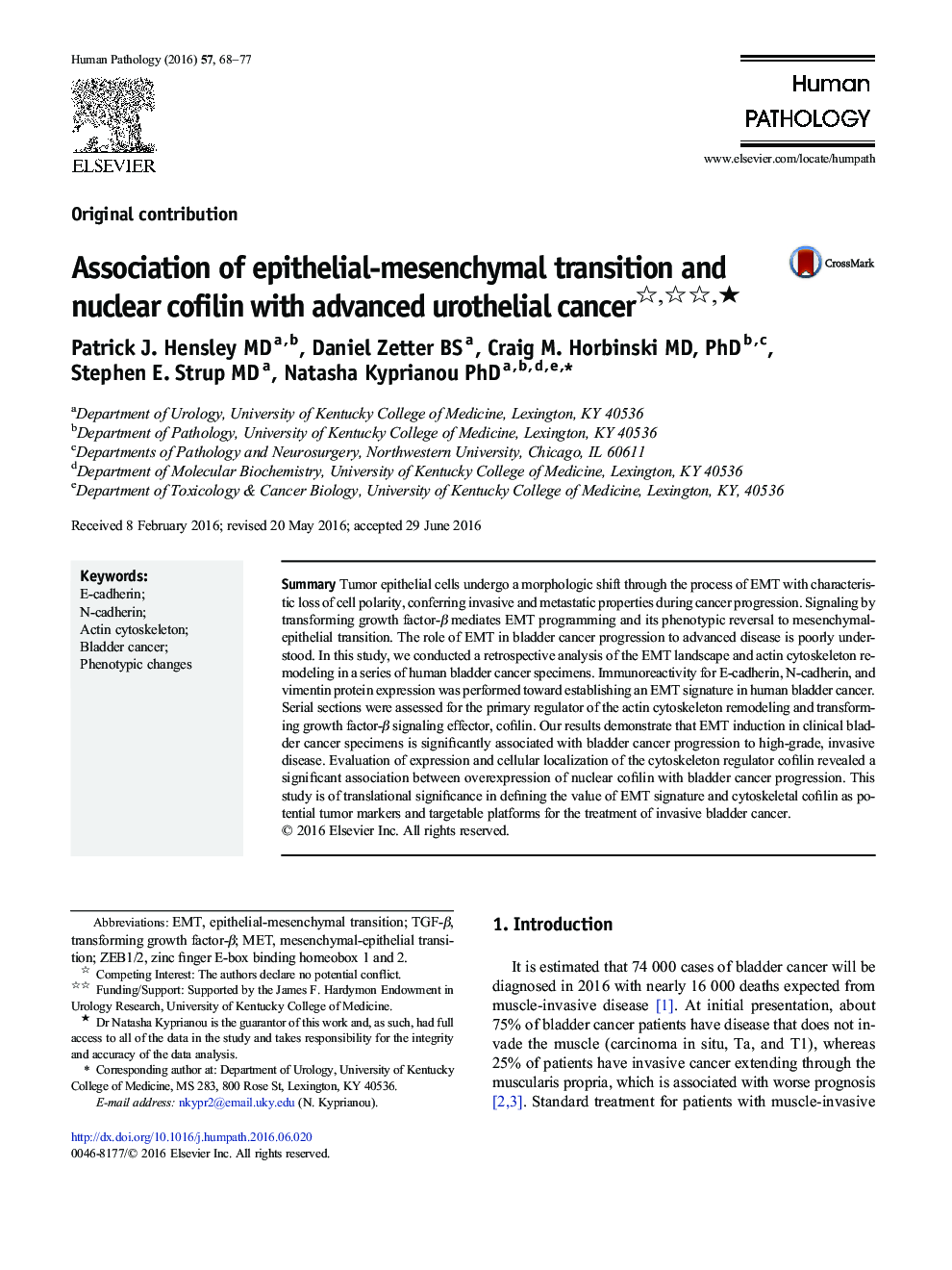 Association of epithelial-mesenchymal transition and nuclear cofilin with advanced urothelial cancerâ