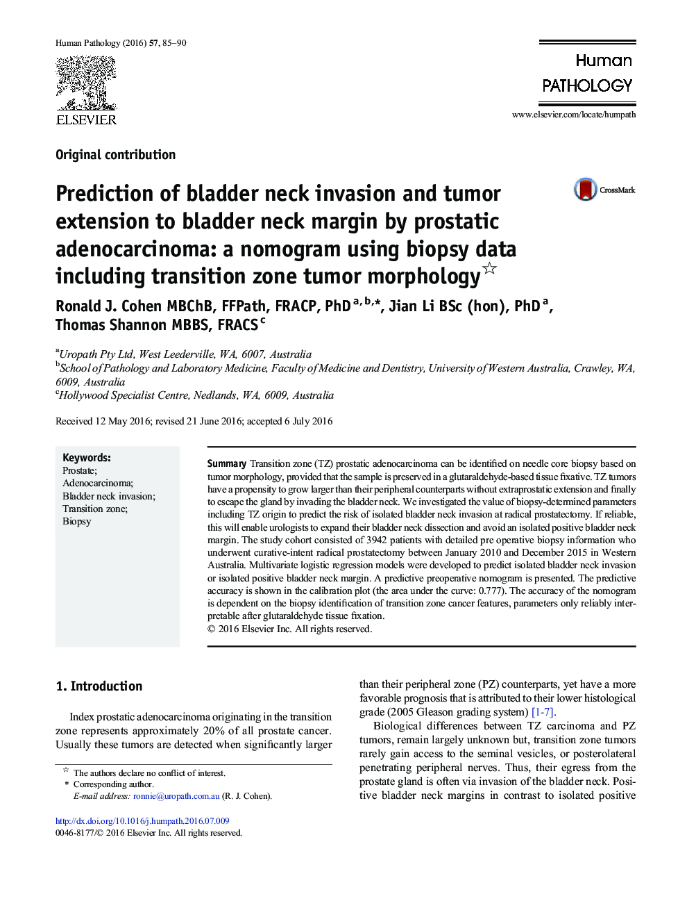 Prediction of bladder neck invasion and tumor extension to bladder neck margin by prostatic adenocarcinoma: a nomogram using biopsy data including transition zone tumor morphology