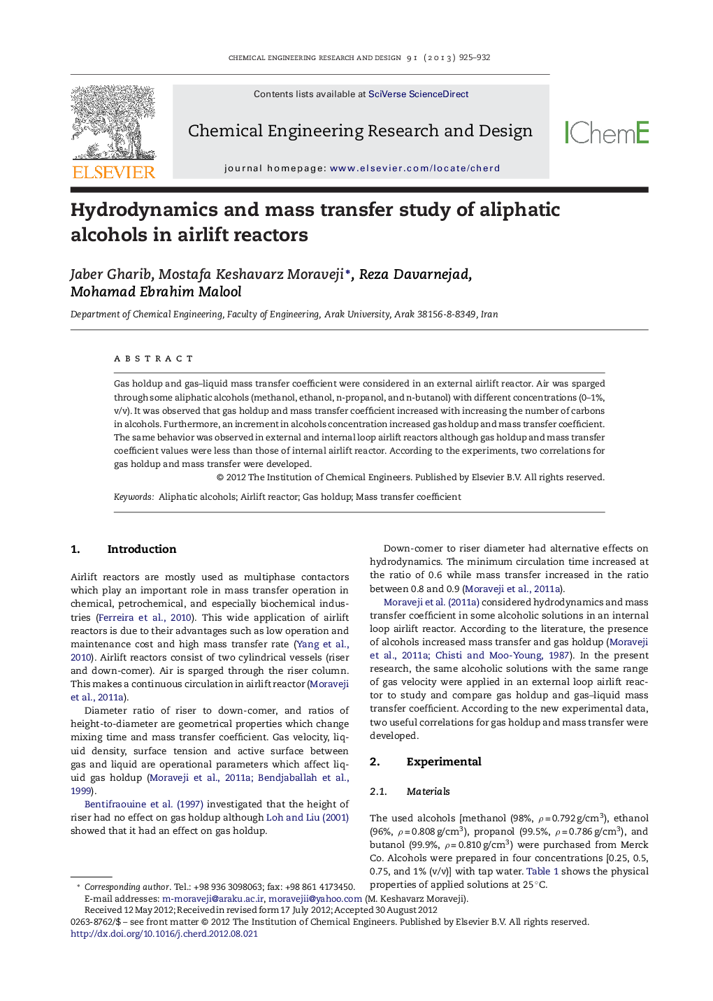 Hydrodynamics and mass transfer study of aliphatic alcohols in airlift reactors