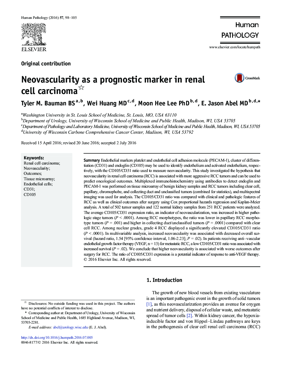 Neovascularity as a prognostic marker in renal cell carcinoma