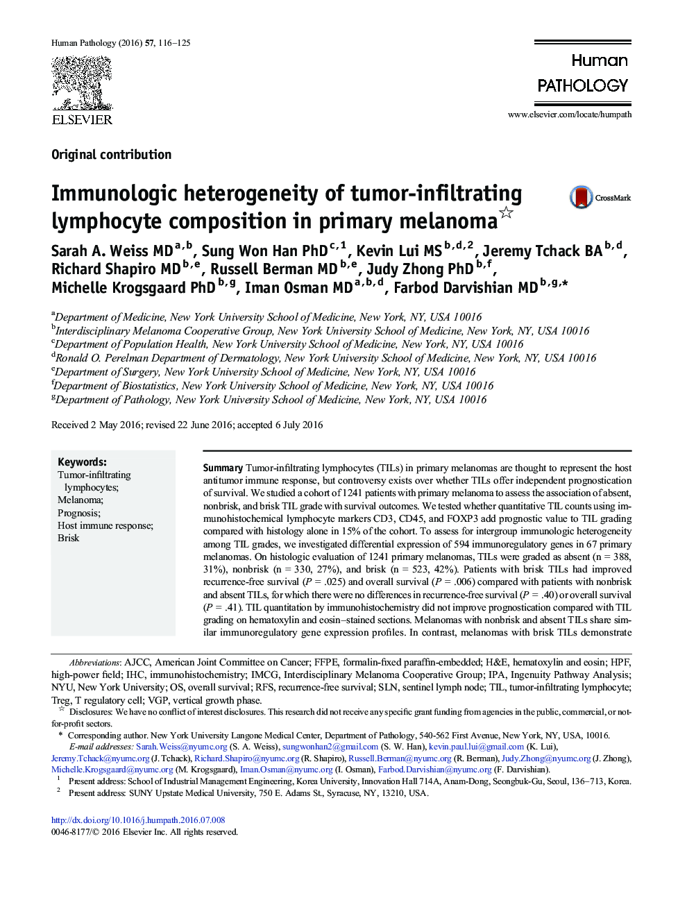 Immunologic heterogeneity of tumor-infiltrating lymphocyte composition in primary melanoma