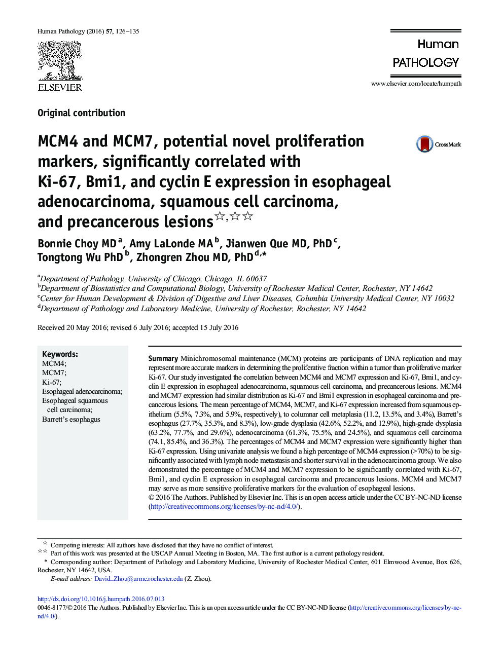 MCM4 and MCM7, potential novel proliferation markers, significantly correlated with Ki-67, Bmi1, and cyclin E expression in esophageal adenocarcinoma, squamous cell carcinoma, and precancerous lesions