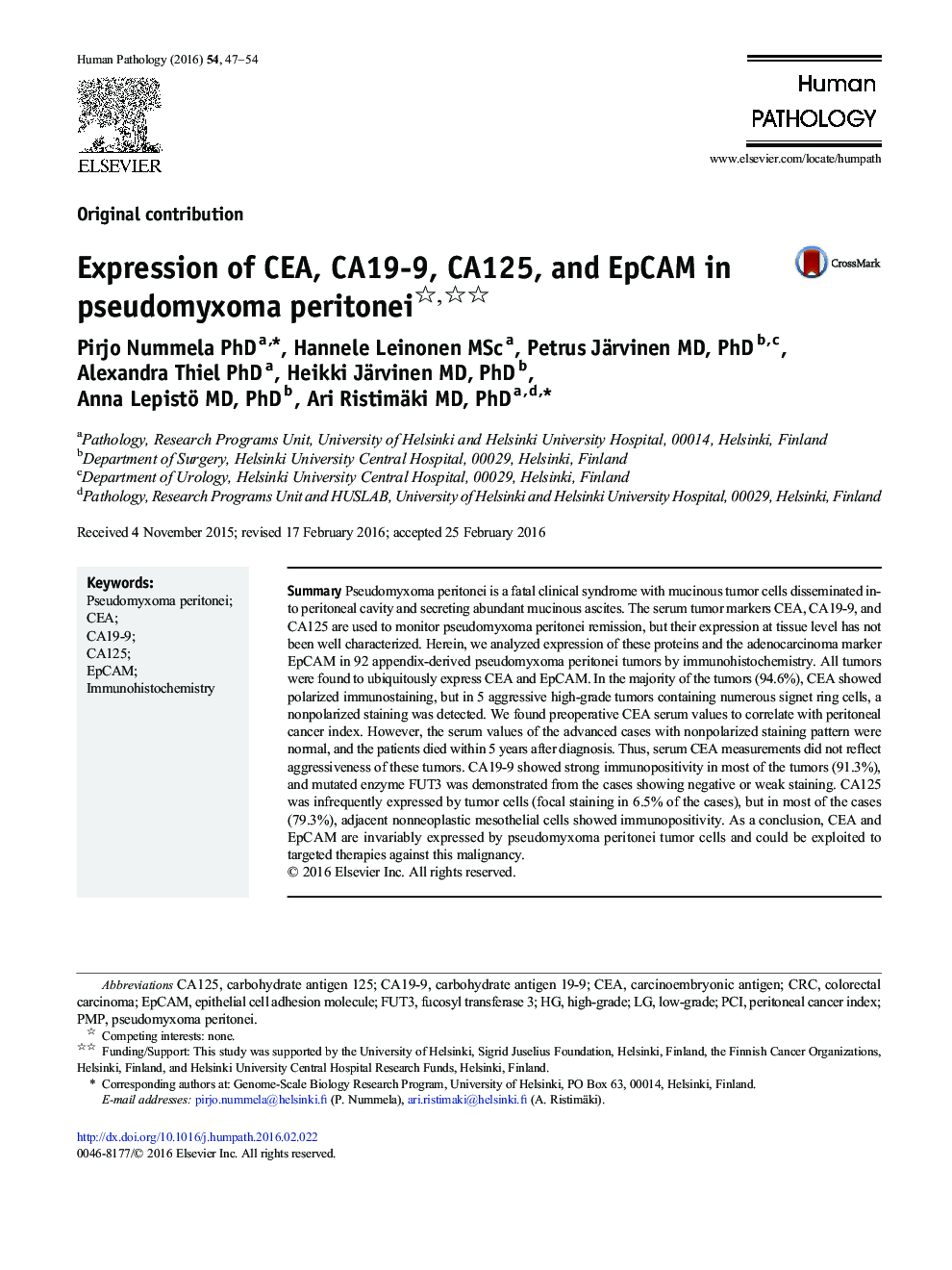 Expression of CEA, CA19-9, CA125, and EpCAM in pseudomyxoma peritonei