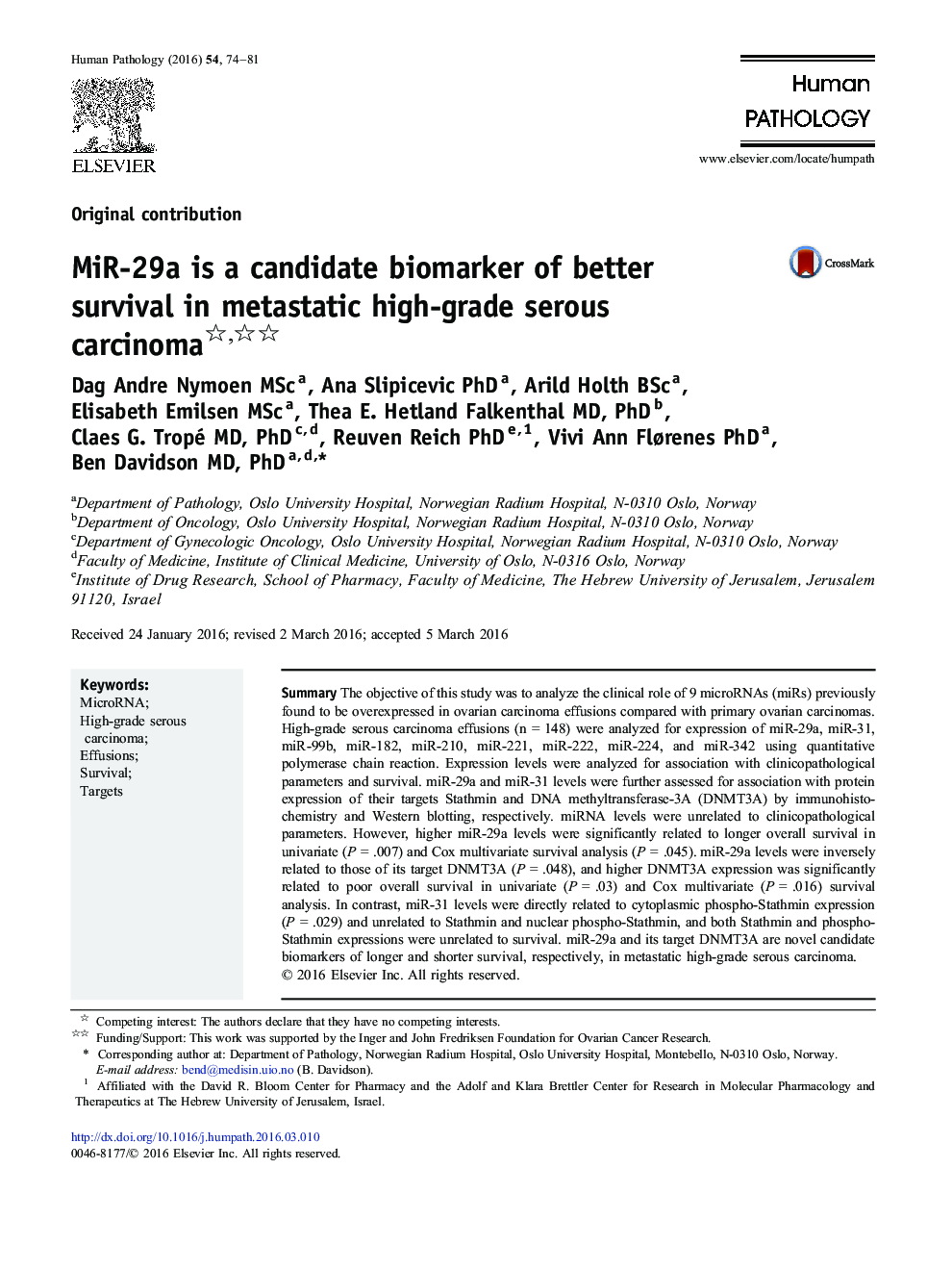 MiR-29a is a candidate biomarker of better survival in metastatic high-grade serous carcinoma