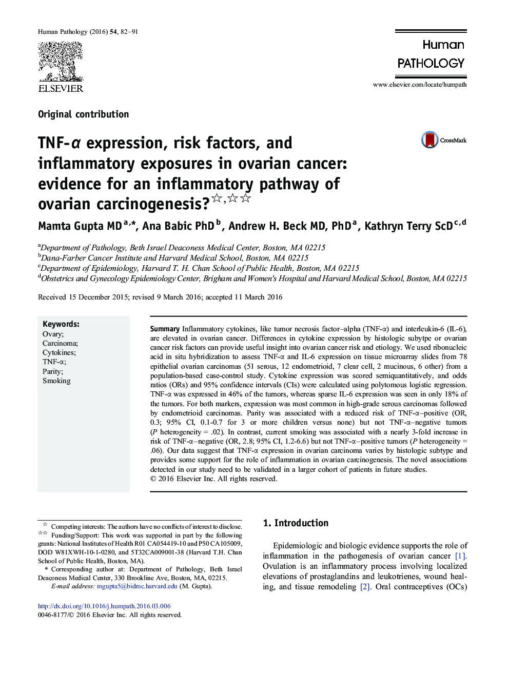 TNF-Î± expression, risk factors, and inflammatory exposures in ovarian cancer: evidence for an inflammatory pathway of ovarian carcinogenesis?