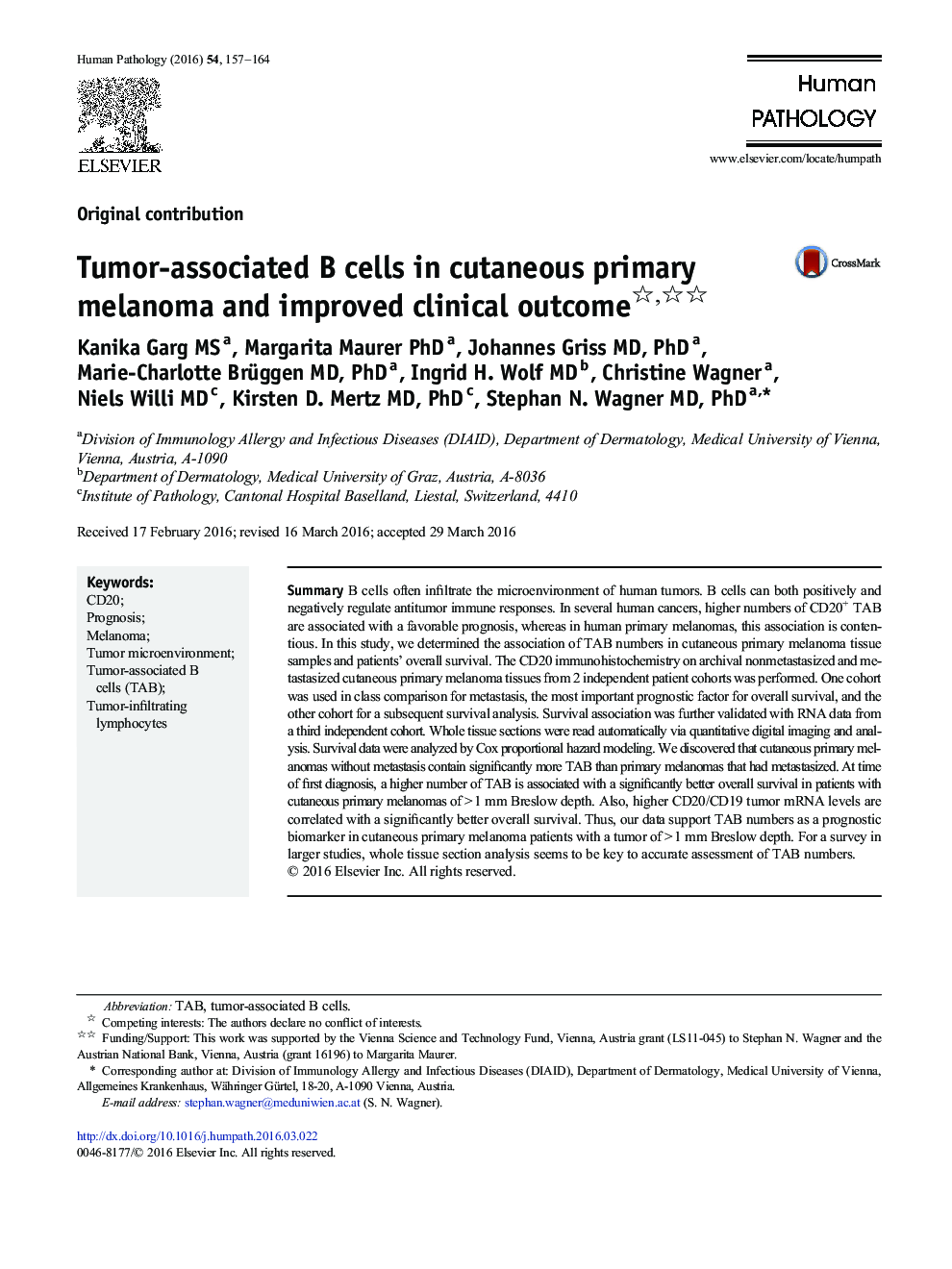 Tumor-associated B cells in cutaneous primary melanoma and improved clinical outcome