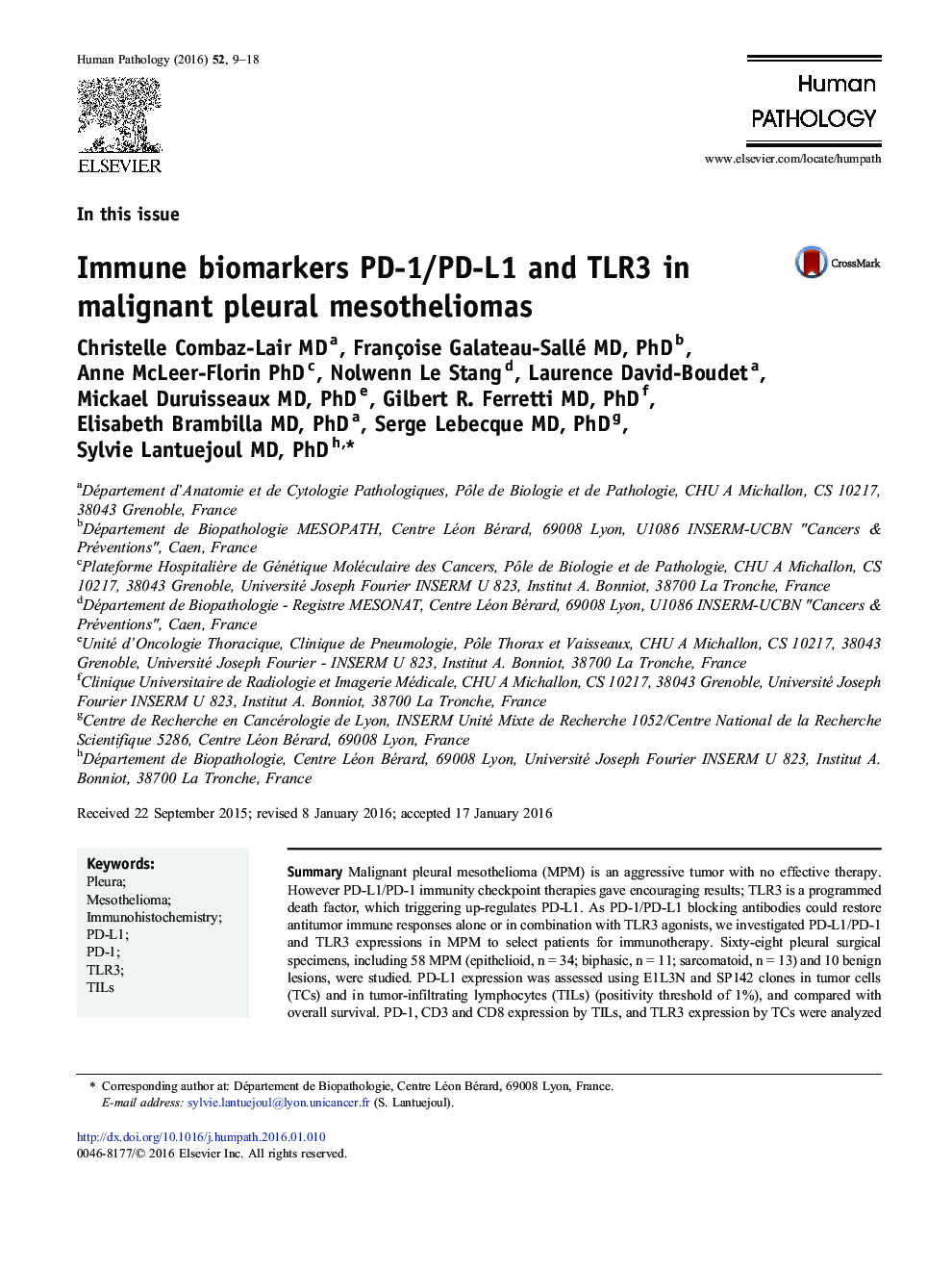 Immune biomarkers PD-1/PD-L1 and TLR3 in malignant pleural mesotheliomas